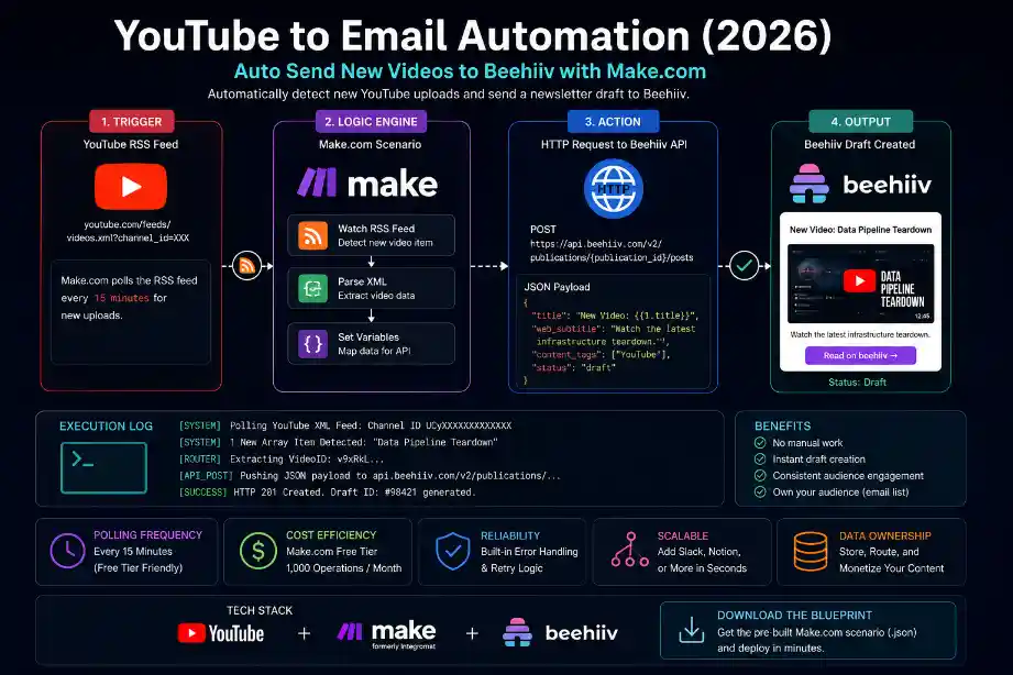 Make.com visual architecture diagram for YouTube to Beehiiv automation
