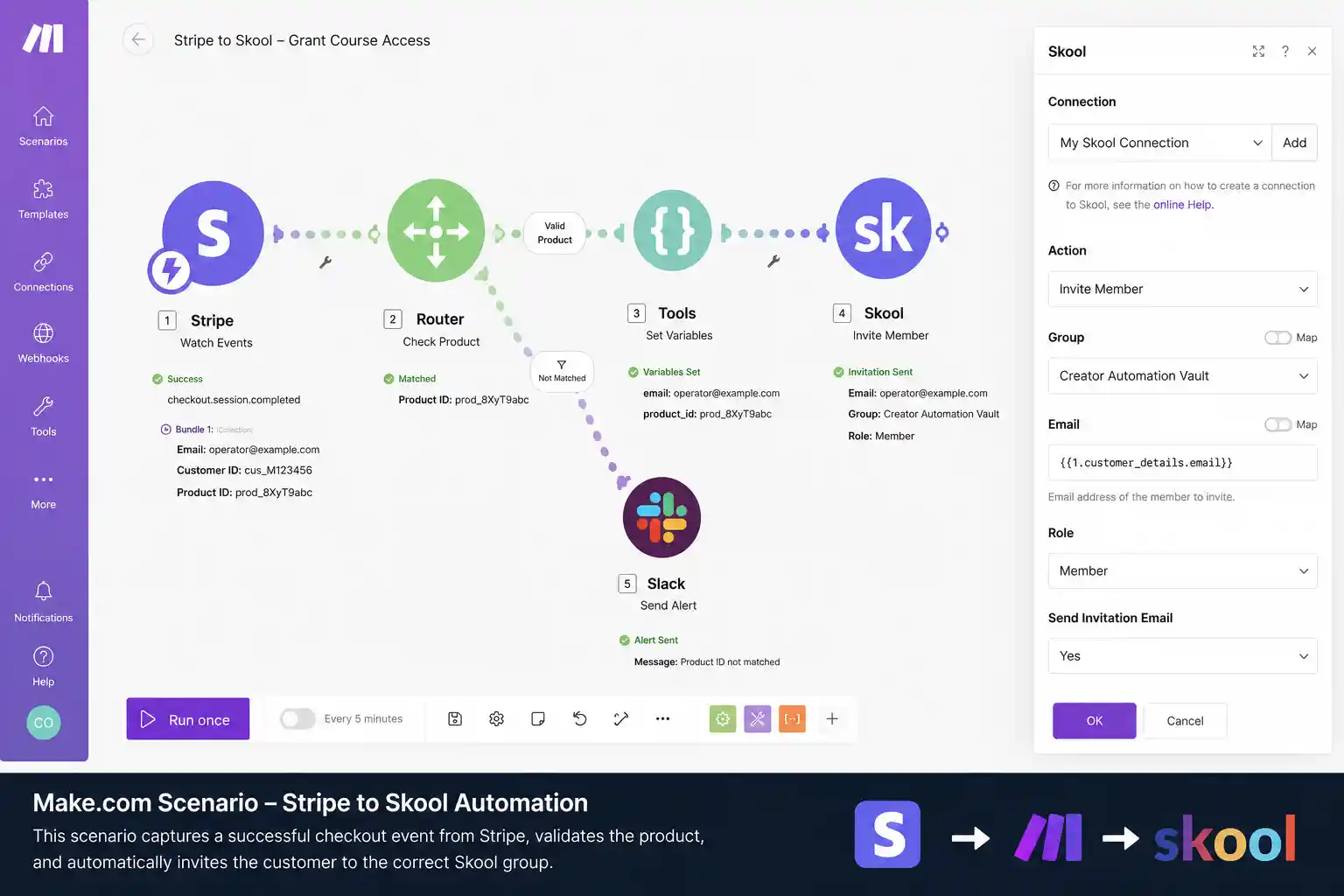 Make.com scenario logic routing Stripe data to Skool API