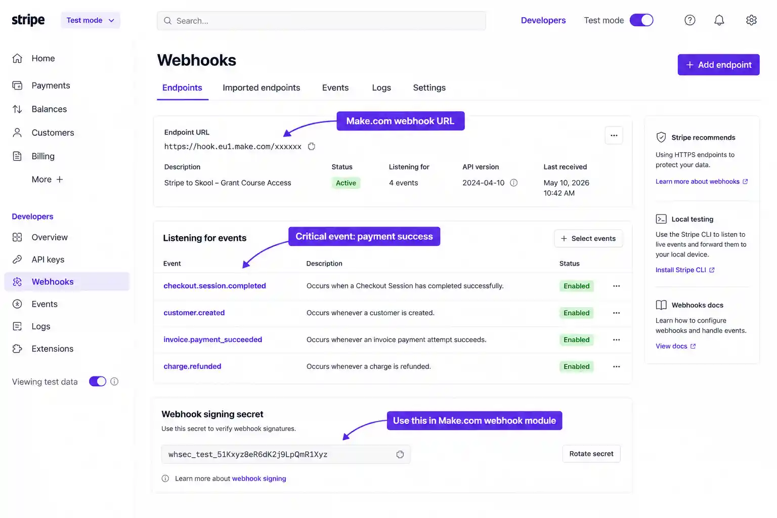 Stripe developer dashboard webhook configuration