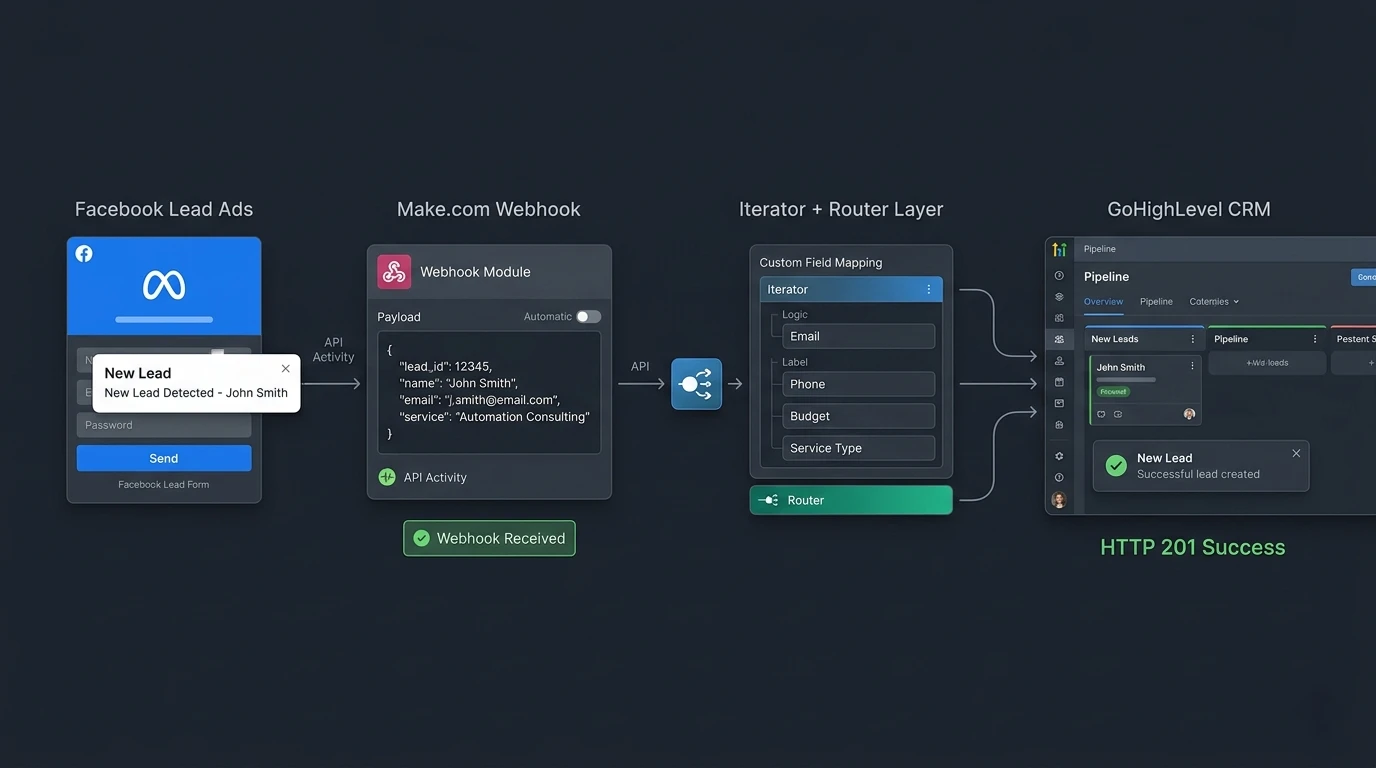 Facebook Lead Ads routed to GoHighLevel using Make.com webhook automation