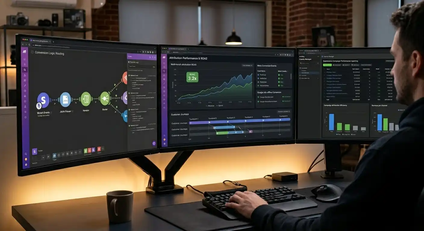 Technical marketing operator analyzing server-side attribution data on multiple monitors