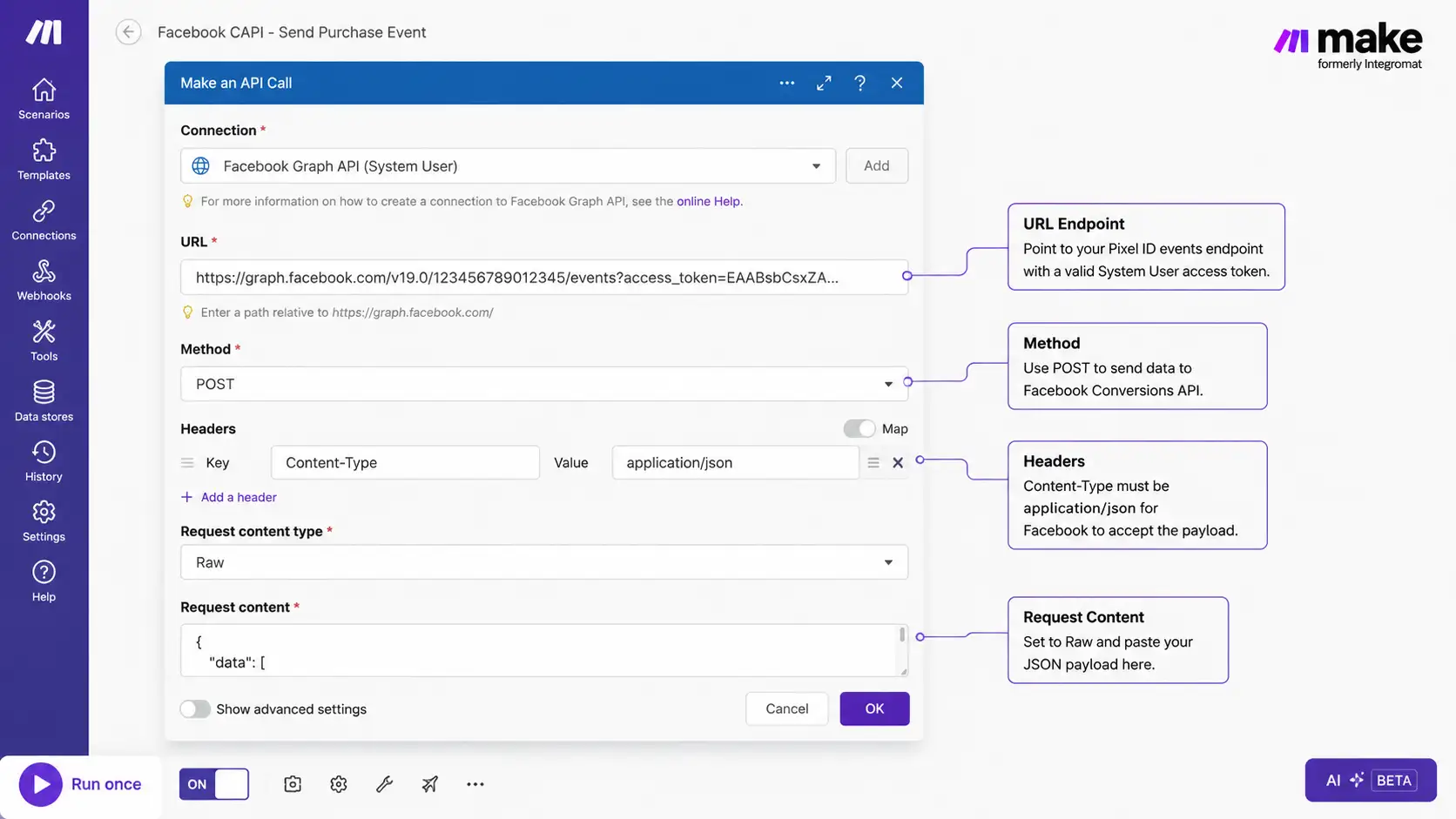 Make.com HTTP module configured for Facebook Conversions API payload