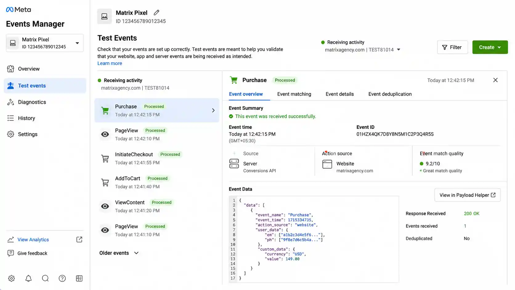 Meta Events Manager showing successful 200 OK Facebook CAPI integration payload